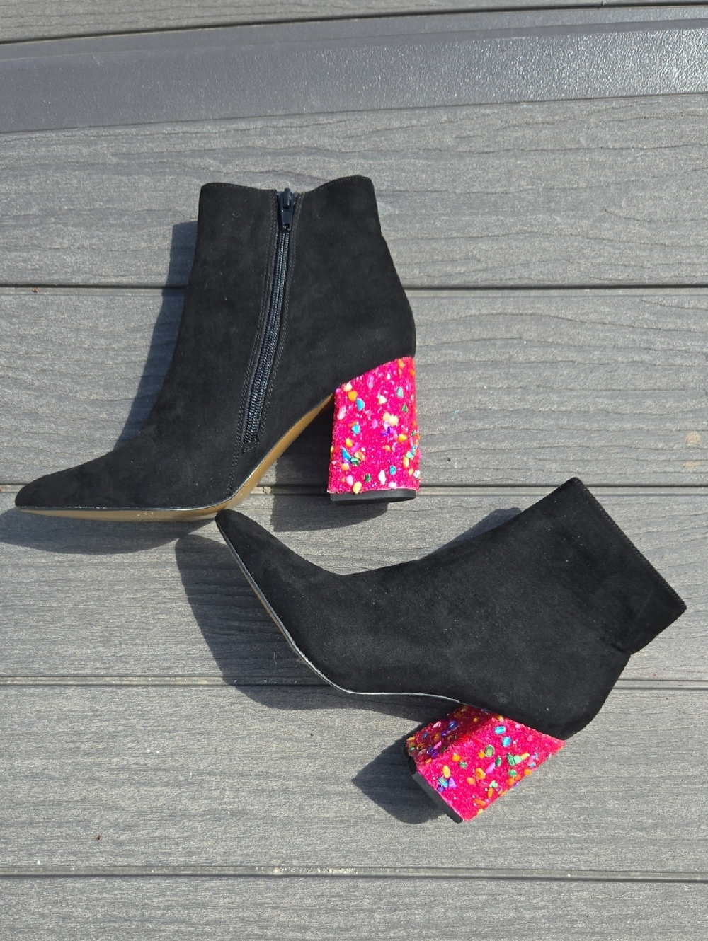 Betsey Johnson Black Suede Ankle Boots with Pink Confetti Block Heel